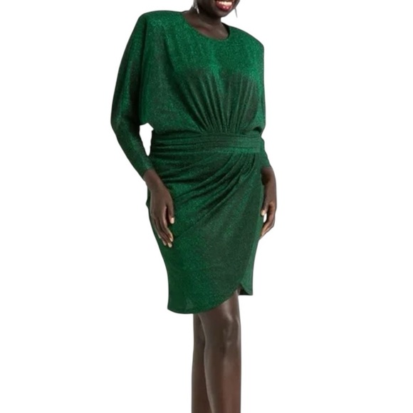 ELOQUII Tulip Skirt Ruched Metallic Emerald Green Mini Dress - Picture 1 of 9